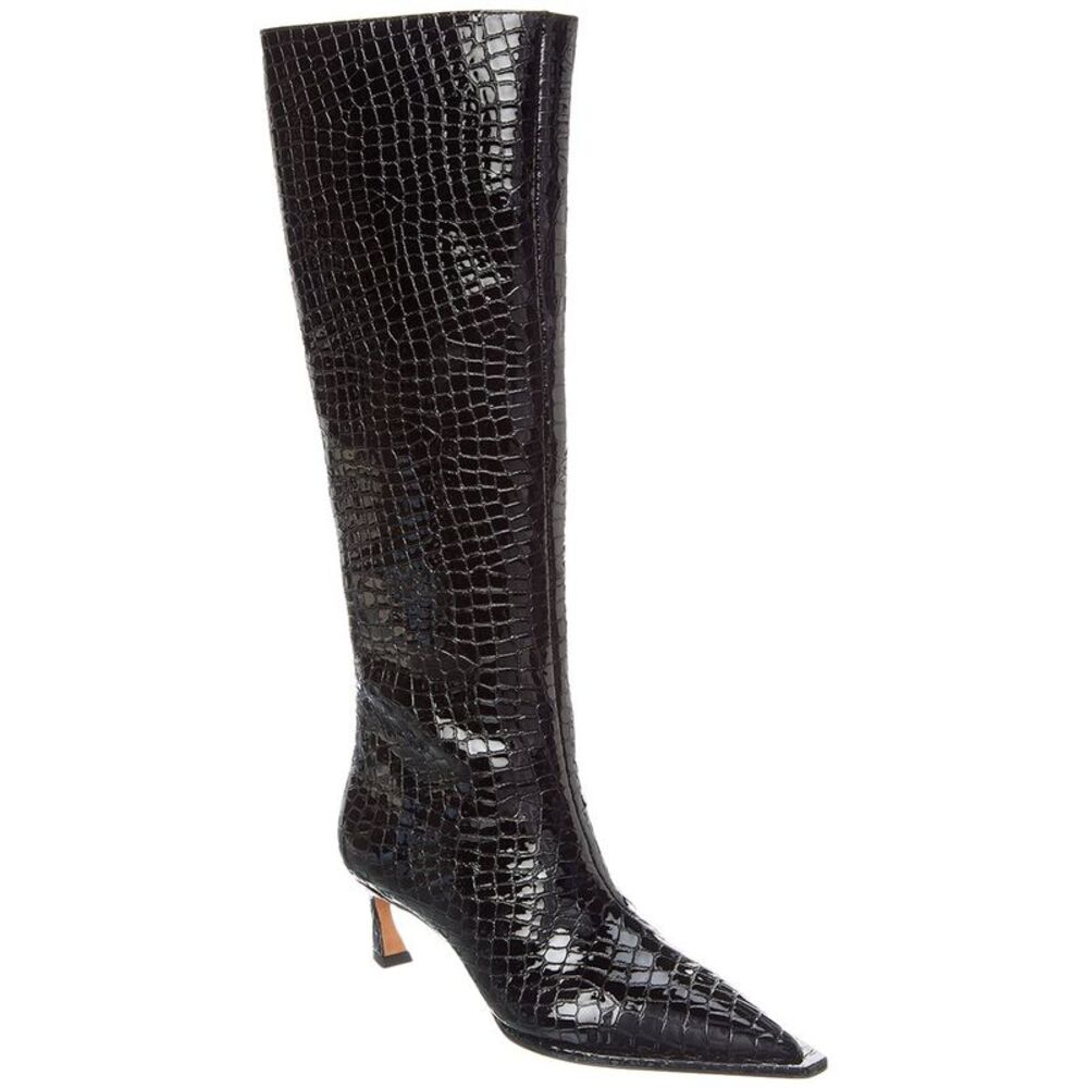 Alexandre Birman Croc-Embossed Patent Knee-High Boot, Black